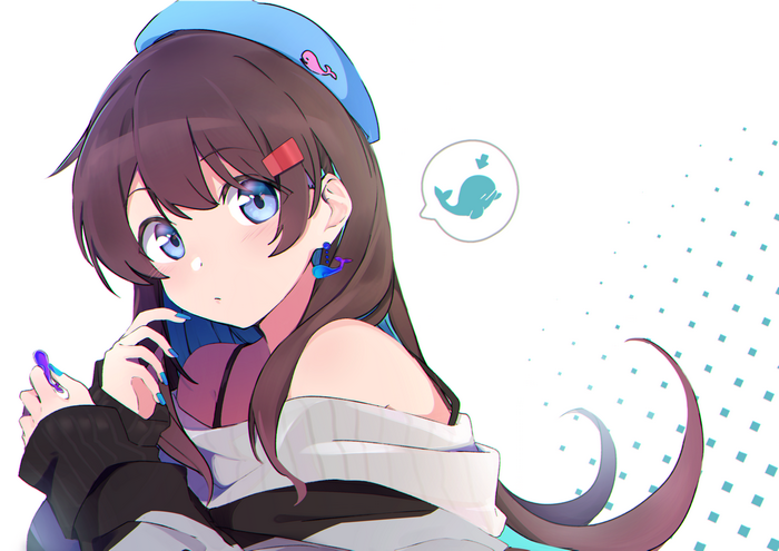 Anime girl with blue hat and whale accessories