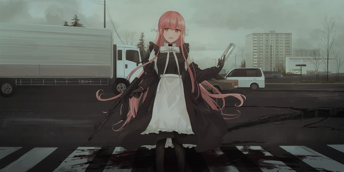 Anime girl with pink hair and maid outfit holding a rifle and bottle
