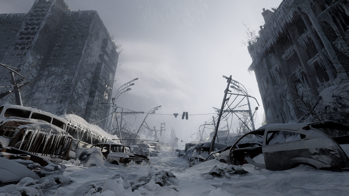 Wrecked cars and buildings in a snowy, apocalyptic city from Metro Exodus