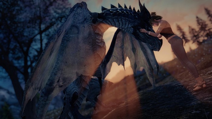 Woman hugging a dragon in Skyrim