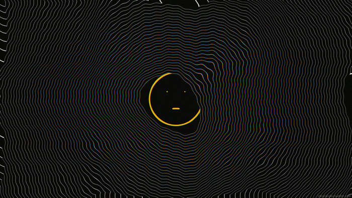 Abstract glitch art with concentric lines and emoji face