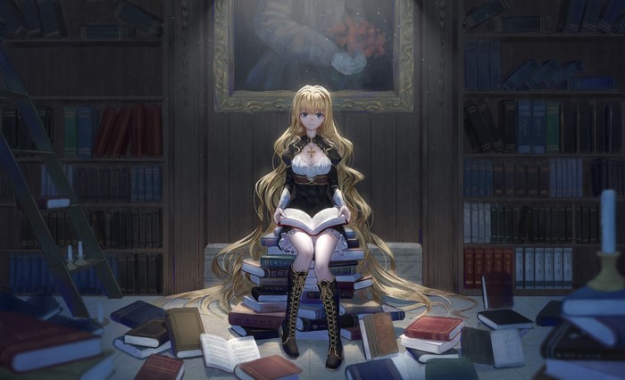 Anime girl with blonde hair reading a book in a library