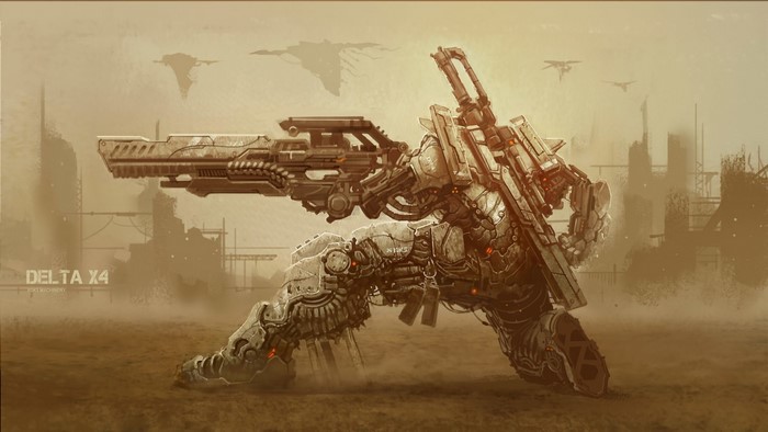 Delta X4 Mech with Large Rifle in Sci-Fi Landscape