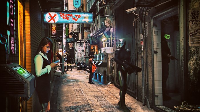 Cyberpunk alley with people and robots