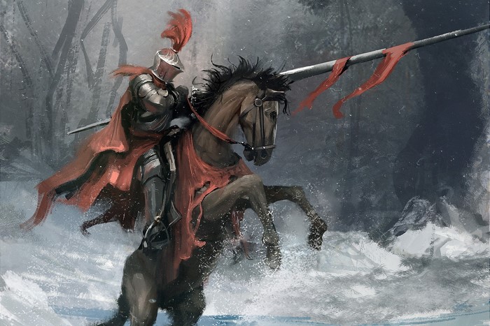 Knight in armor on horseback with lance in winter