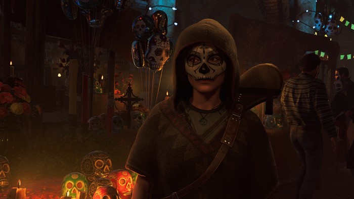 Lara Croft from Tomb Raider wearing a Day of the Dead mask