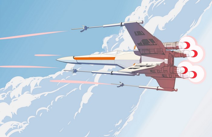 X-wing Starfighter firing lasers in the sky