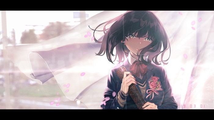 Anime Schoolgirl Crying with Graduation Scroll