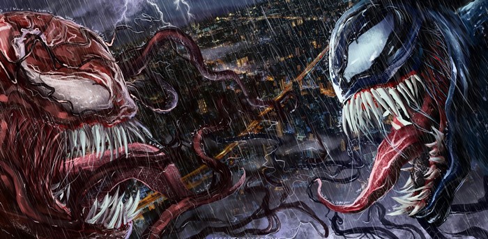 Carnage and Venom fighting in a city during a thunderstorm