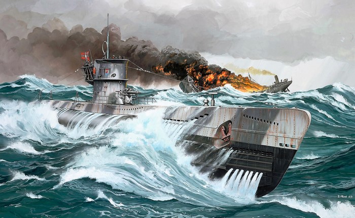German U-boat attacking a burning ship at sea