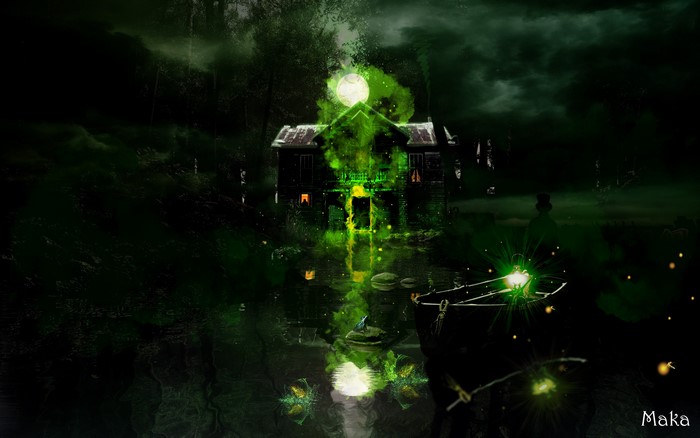 Haunted house in a dark forest with green mist