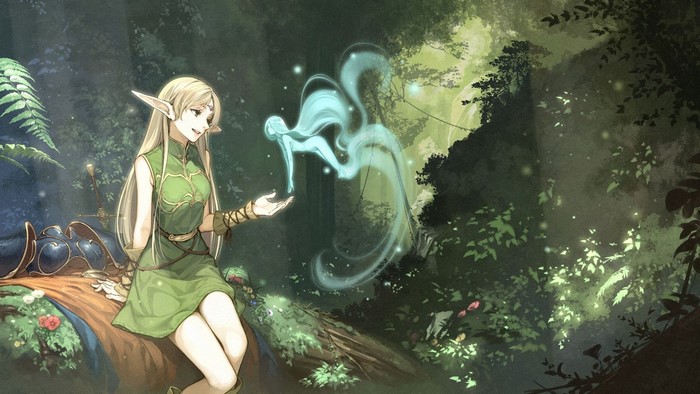 Deedlit from Record of Lodoss War with a spirit in a forest
