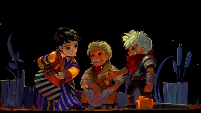 Characters from Bastion gathered around a fire