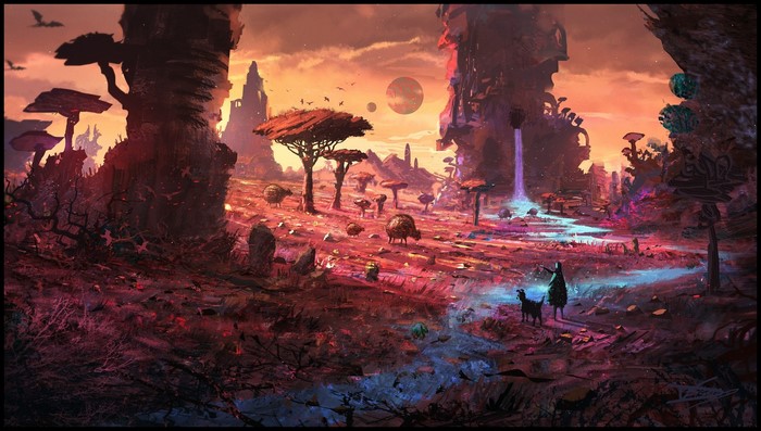 Fantasy landscape with alien flora and fauna