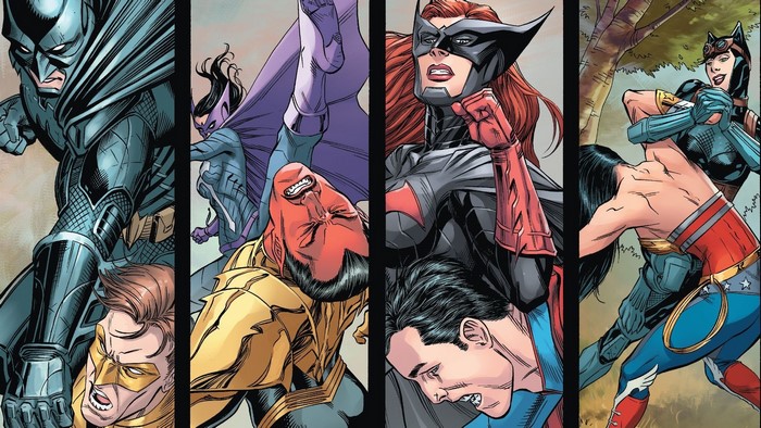 Batman, Batwoman, Huntress, Catwoman, Wonder Woman, Superman, Sinestro, Injustice 2