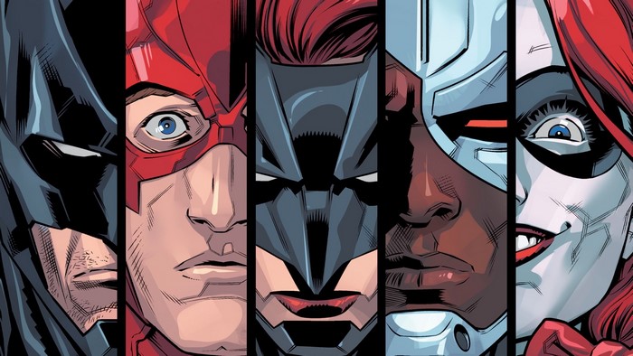 Batman, Flash, Batwoman, Cyborg, and Harley Quinn