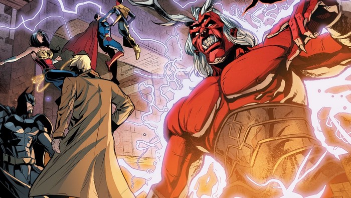 Superman, Batman, Wonder Woman, John Constantine, and Trigon fight