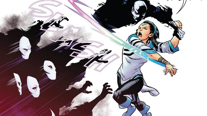 Woman with glowing sword fighting shadowy figures