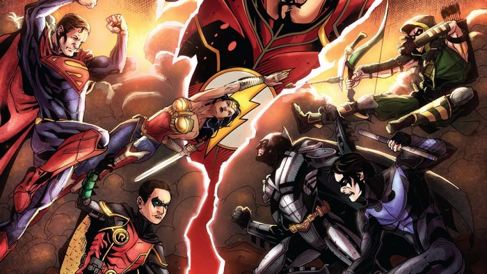 Superman, Wonder Woman, Batman, Robin, Green Arrow, and Nightwing fighting