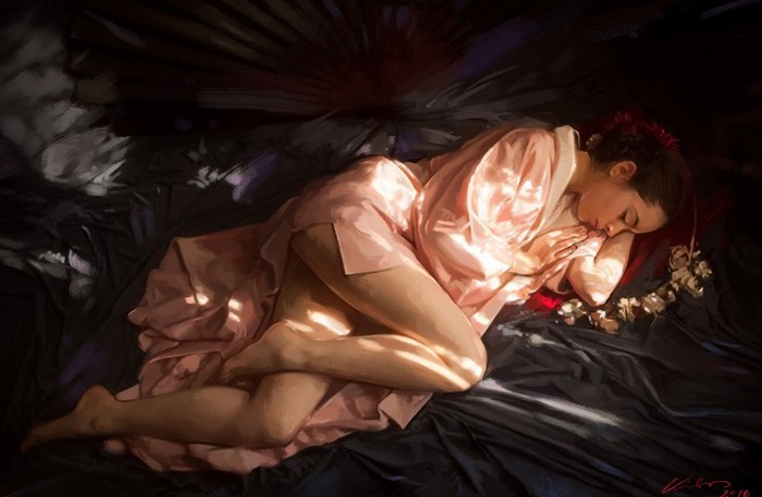 Artwork of a woman sleeping in a pink robe