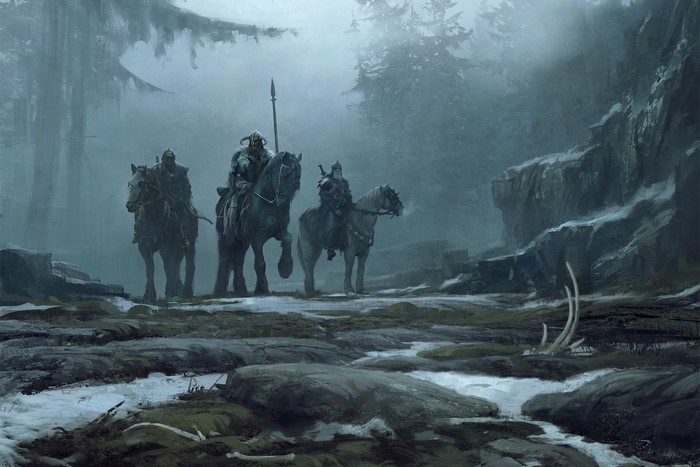 Warriors on horseback in a misty forest