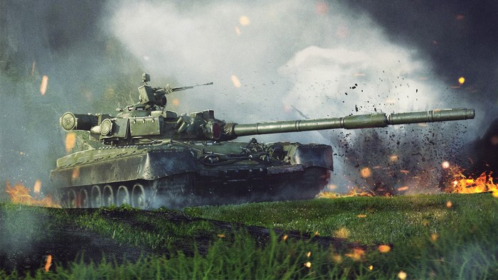 Military tank in a fiery battlefield
