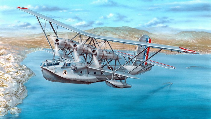Silver seaplane flying over a bay with mountains