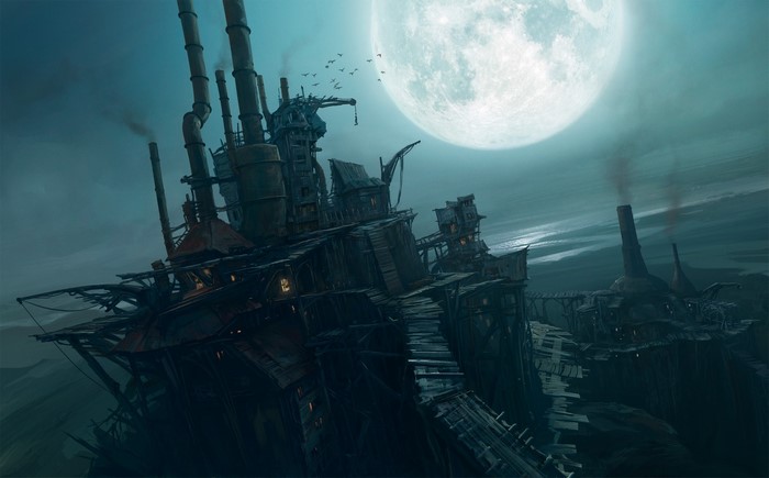 Steampunk industrial complex under a large moon