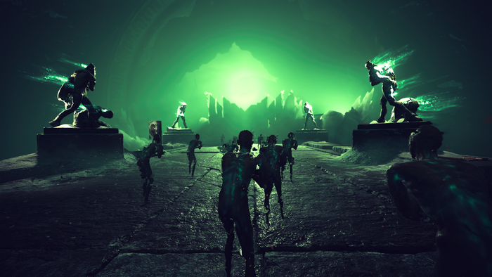 Video game characters in a green, misty environment with statues