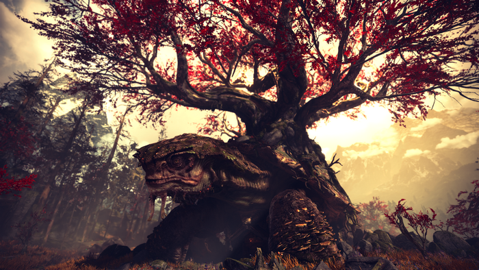 Giant tortoise under a red-leafed tree in God of War