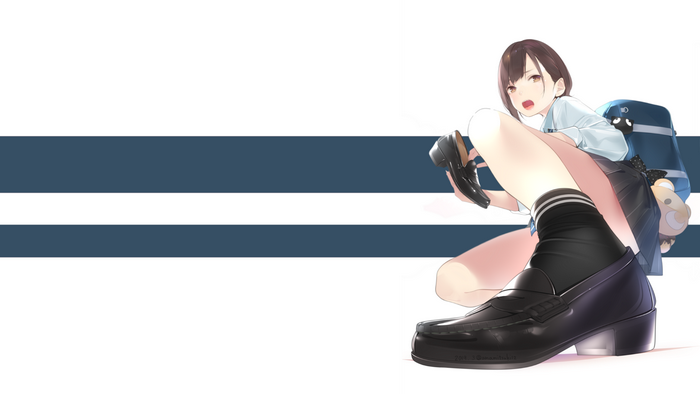 Anime schoolgirl squatting with backpack and shoes