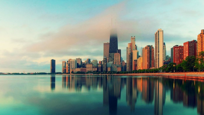 Chicago cityscape with skyscrapers reflected in water