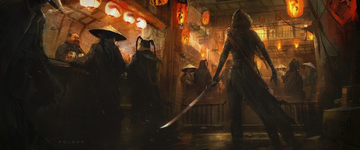 Assassin with Katana in a dimly lit bar by Juan Pablo Roldan