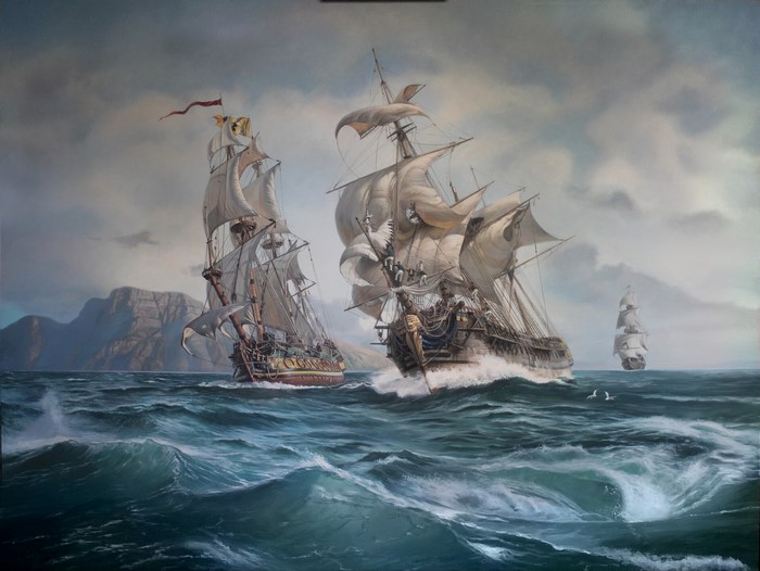 Artwork of sailing ships on a stormy sea