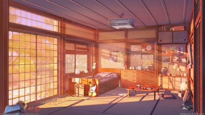 Anime room with guitar and sunlight