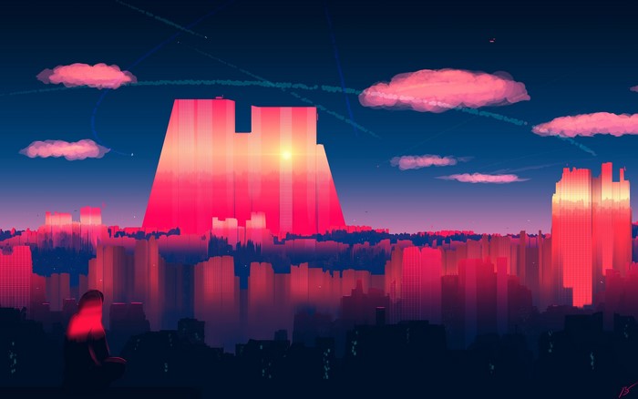 Digital art cityscape with pink clouds and buildings