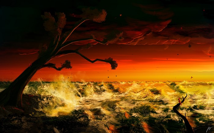 Digital art of a stormy sea at sunset