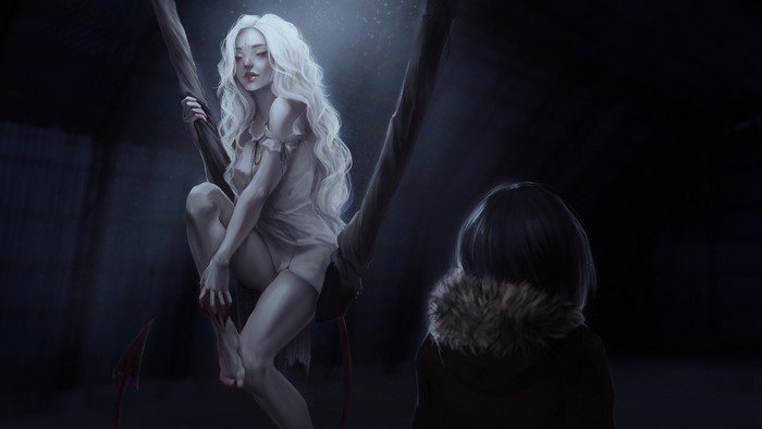 Fantasy girl with white hair and wings on a branch