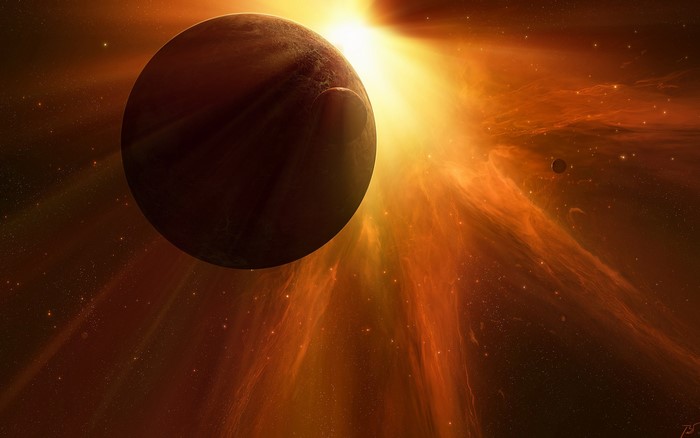 Digital space art of a planet and nebula