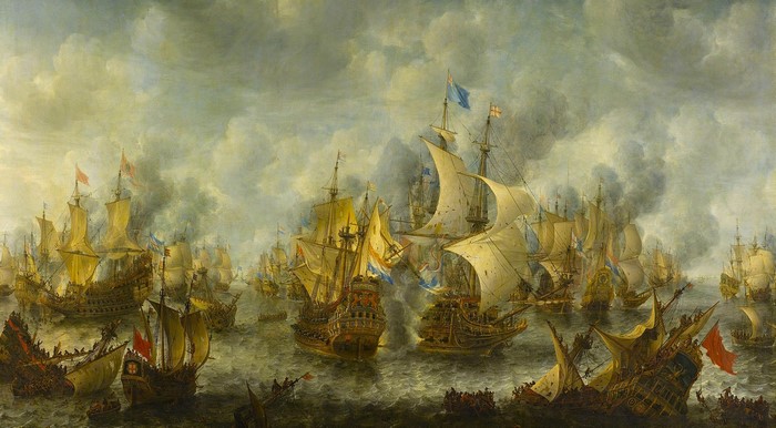 Naval battle with numerous sailing ships and smoke