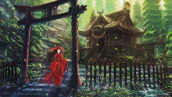 Anime girl in red kimono at a fantasy Asian shrine