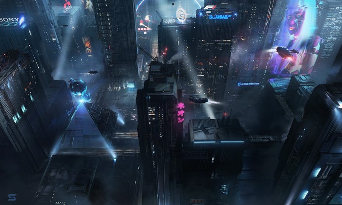 Cyberpunk cityscape with flying vehicles and neon signs