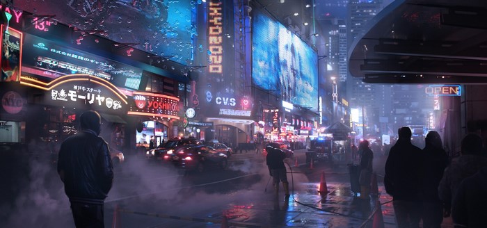 Cyberpunk cityscape at night with neon signs and cars
