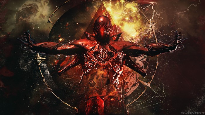 Warframe character with cosmic background