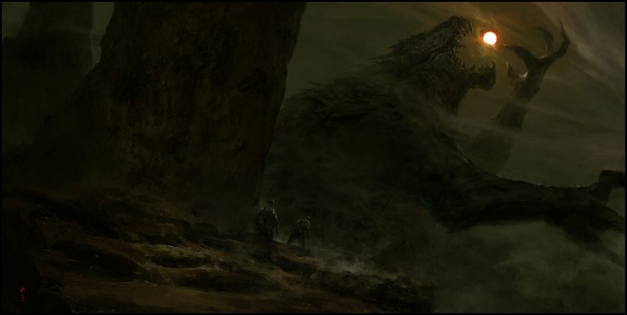 Giant creature with glowing eye and adventurers in a dark landscape