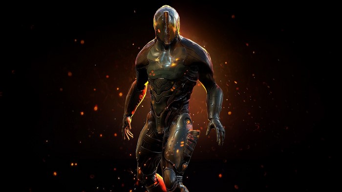Warframe character in dark armor with glowing accents