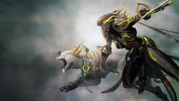 Warframe character riding a creature