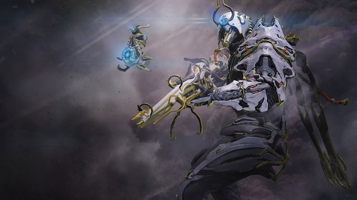 Warframe character with a drone and weapon