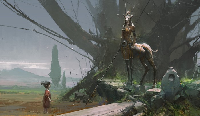 Fantasy art of a child and a centaur creature with a spear