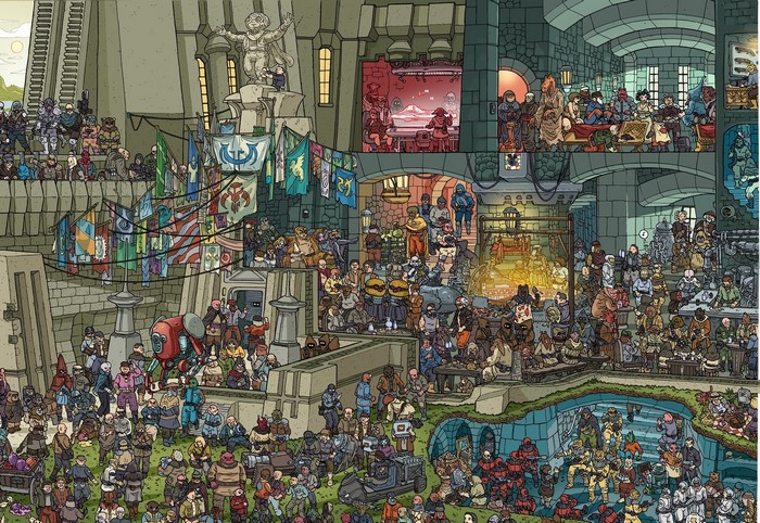 Science fiction scene with many characters and banners